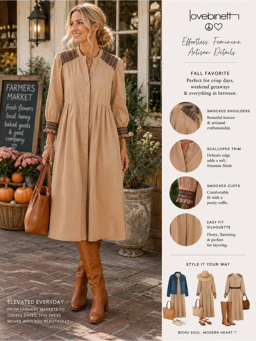 Love Binetti Beige Cotton Smocked Shirt Dress Boho Artisan Long Sleeve Size M